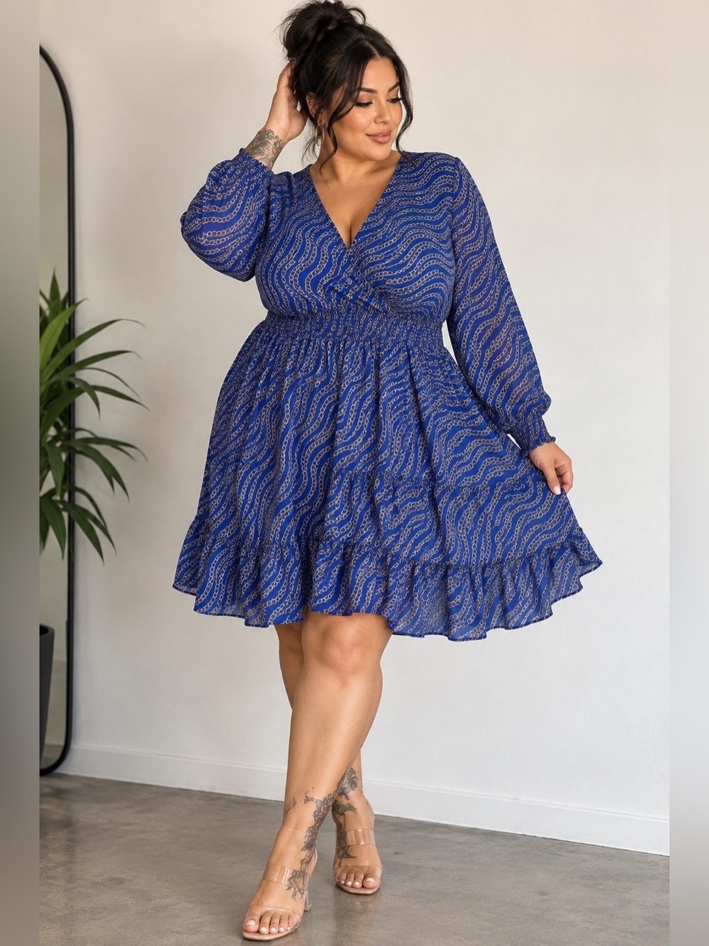 MICHAEL Michael Kors Dress Women’s 3X Blue Chain Print Long Sleeve Plus Size